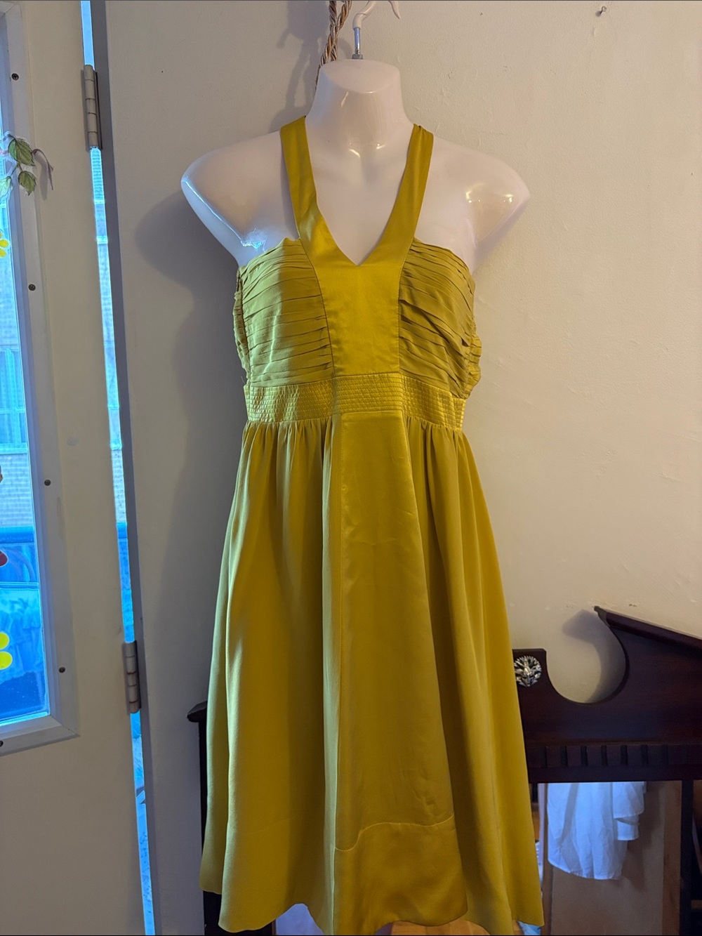 Jacob Mustard Halter Midi Dress with Pleated Bodice. Silk